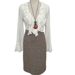 Theory Wool Knee Length Houndstooth Pencil Skirt Earthy Black And Brown Size 8